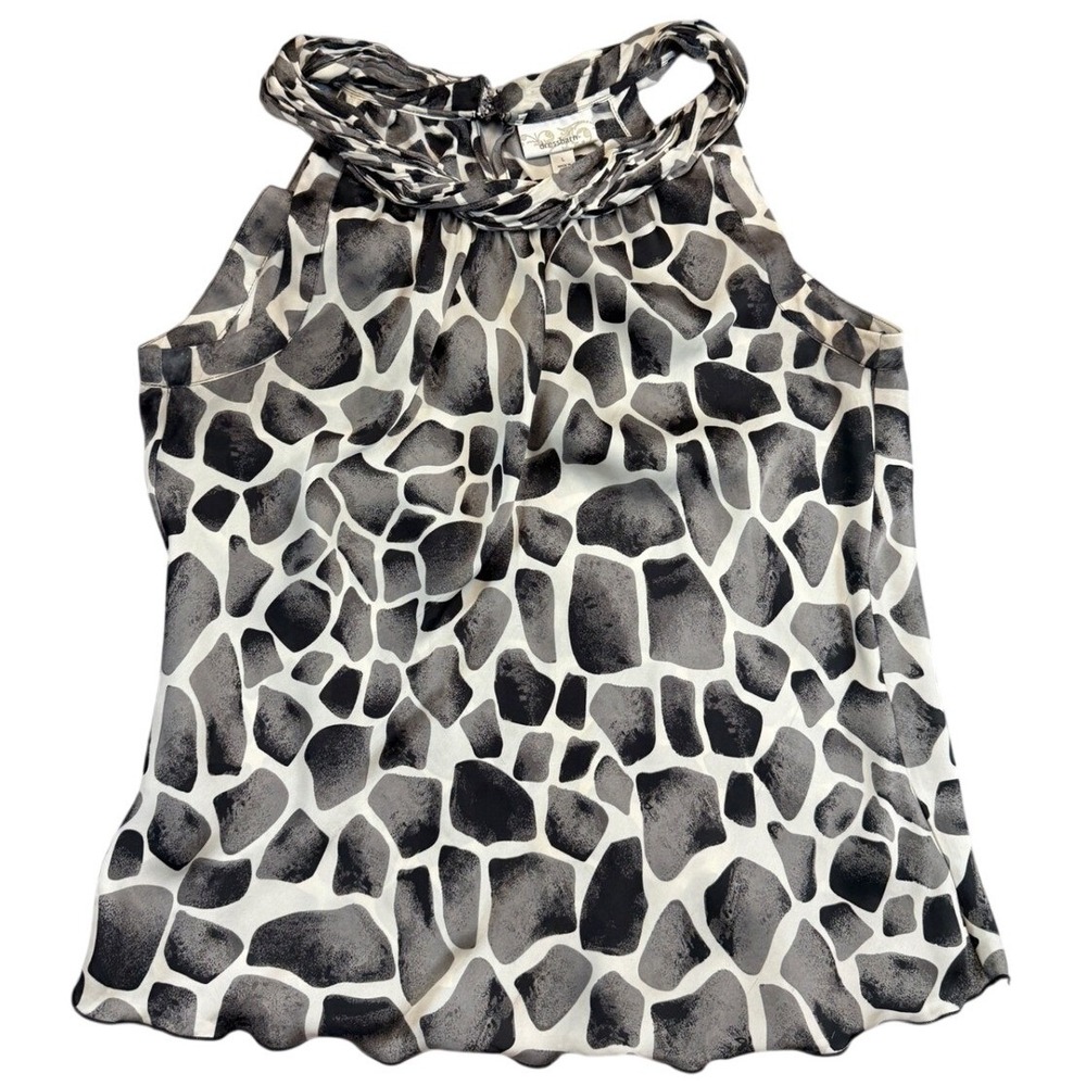 Dressbarn Womens Grey Giraffe Animal Print Twisted Mock Neck Blouse Large
